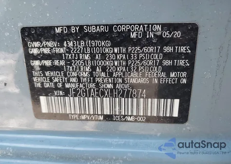 2020 Subaru Crosstrek Premium из США, поврежденный, VIN JF2GTAECXLH277874